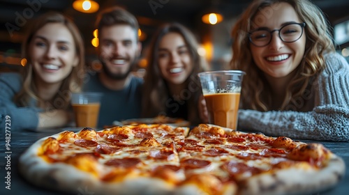 Coworkers from different backgrounds enjoying a relaxed lunch break in the office, eating pizza and drinking coffee, with smiles and lively conversations.