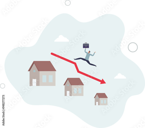 Housing price falling down, real estate and property crash, value drop or decline, home loan or mortgage risk concept.flat design with people.
