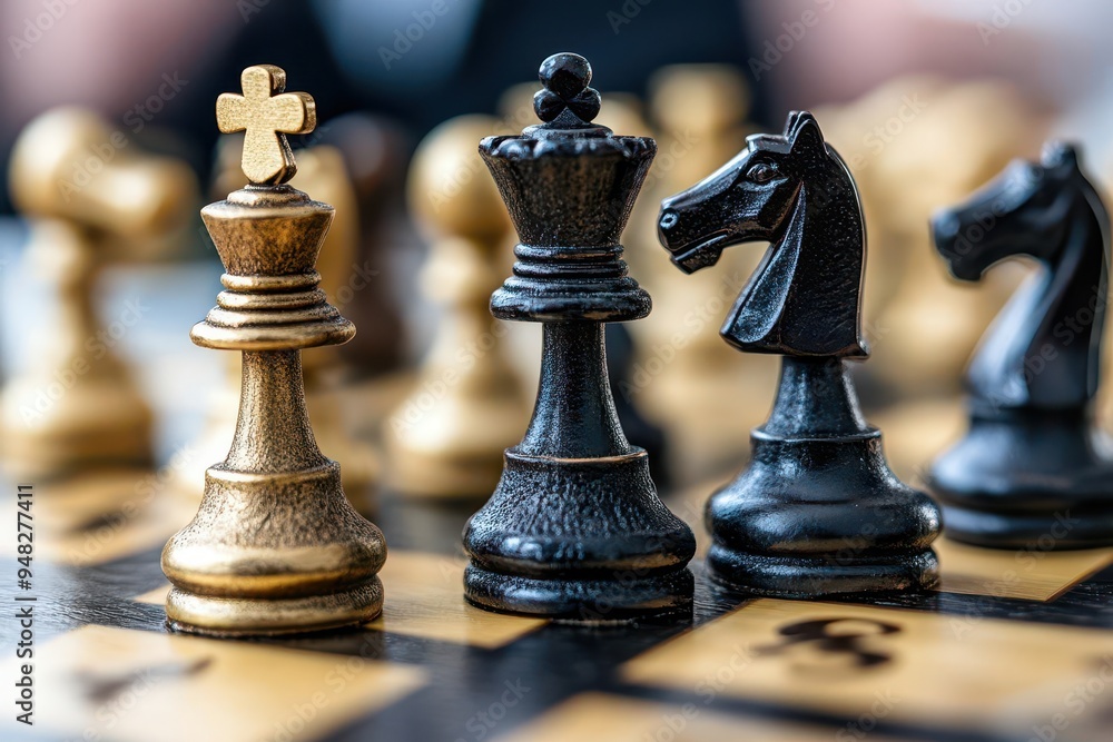 A chessboard where the pieces are iconic financial symbols, depicting a strategic longterm investment battle A chessboard where the pieces are iconic financial symbols, depicting a strategic longterm investment battle