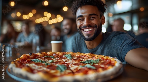 Group of coworkers with different cultural backgrounds enjoying a fun lunch break in the office, eating pizza and drinking coffee while laughing together.