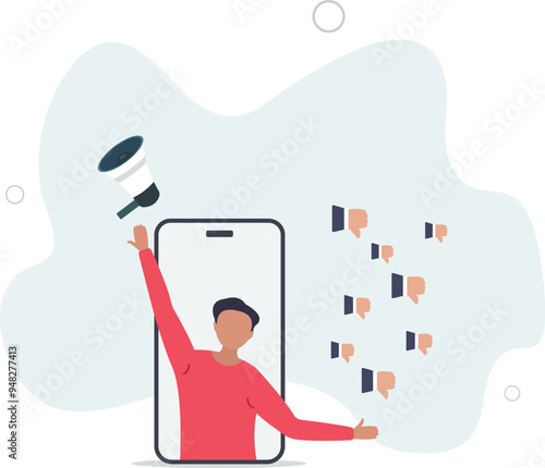 Internet hater, angry social media, dislike or negative feedback from remote work, cyber bullying concept.flat design with people.