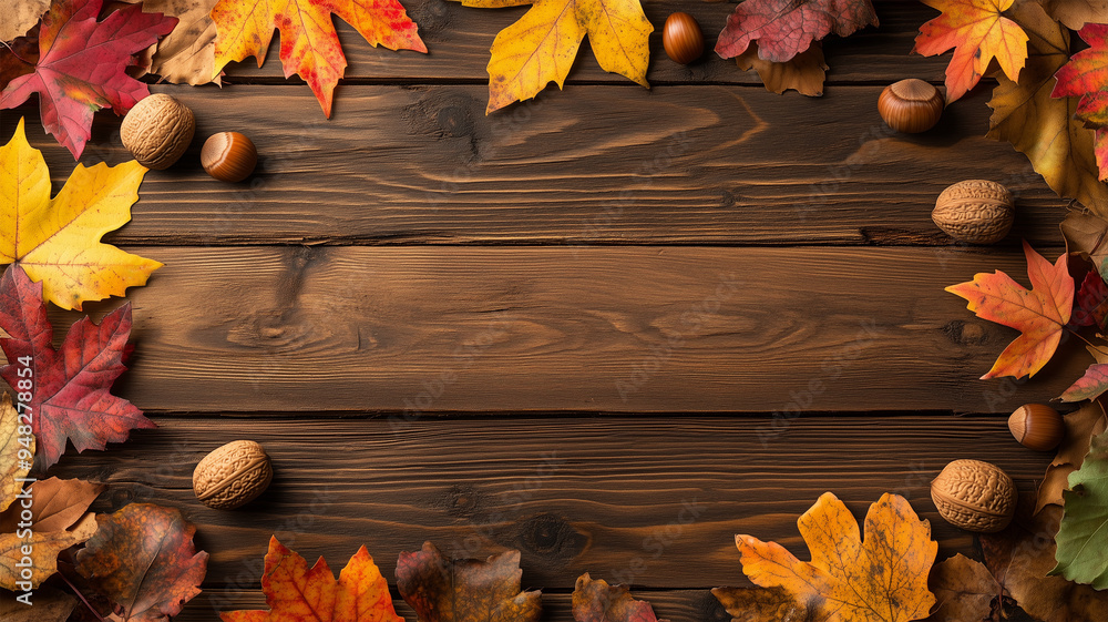 Obraz premium 秋の葉と木の実が彩る木製背景