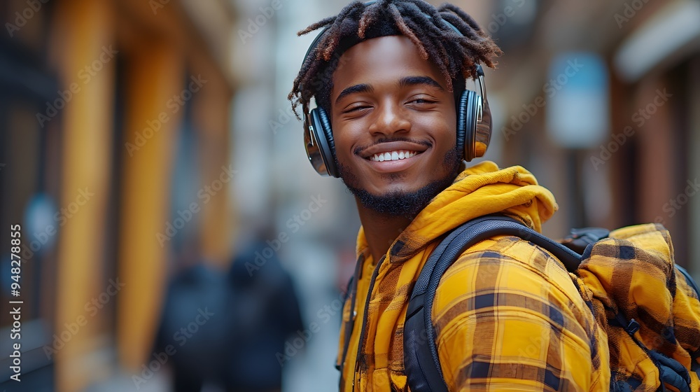 A calm and content Black student with headphones, swaying slightly to the beat of rock music, feeling relaxed and happy. A calm and content Black student with headphones, swaying slightly to the beat of rock music, feeling relaxed and happy.