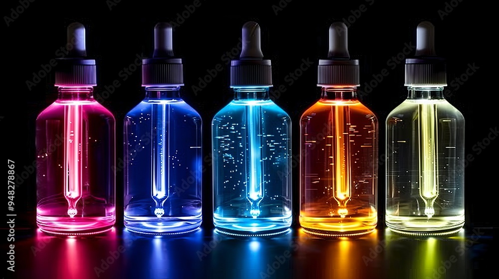 Vibrant collection of five dropper bottles with colorful liquids on dark background Vibrant collection of five dropper bottles with colorful liquids on dark background