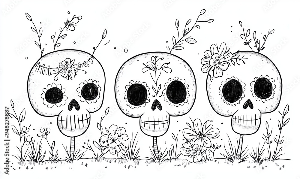 Fototapeta premium Three cartoon skulls with flowers and leaves in a line, hand drawn in black and white.