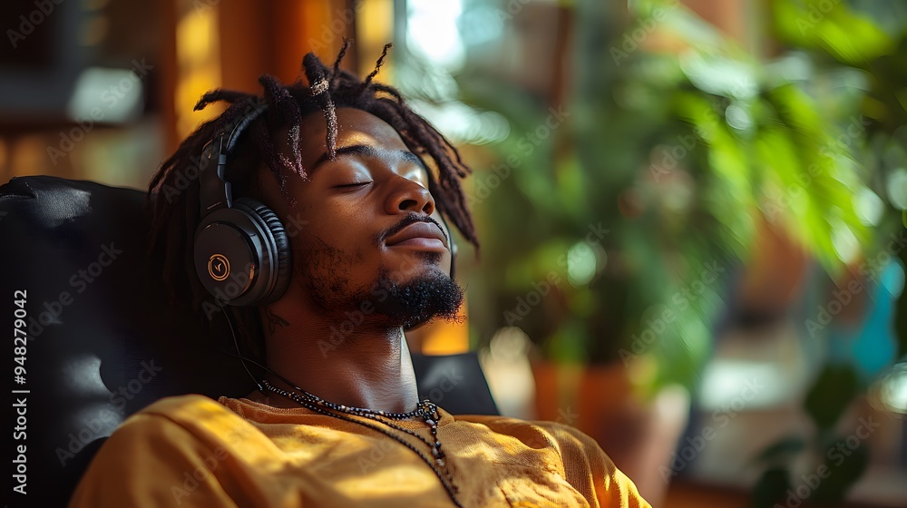 Relaxed Black student wearing headphones, sitting in a sunny room, lost in rock music, with a serene and happy expression. Relaxed Black student wearing headphones, sitting in a sunny room, lost in rock music, with a serene and happy expression.