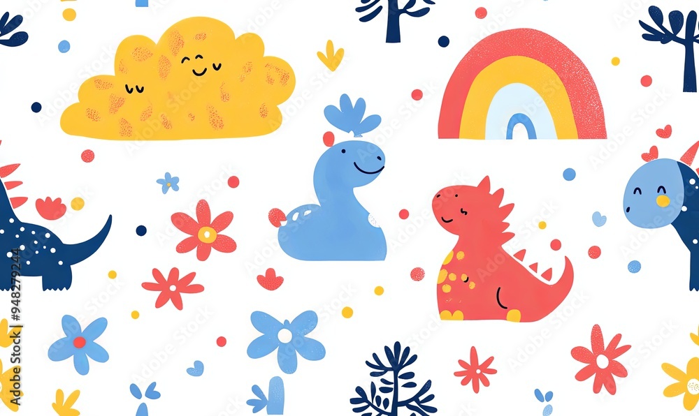 Obraz premium Seamless pattern with cute dinosaurs, flowers, rainbow, and clouds on a white background.