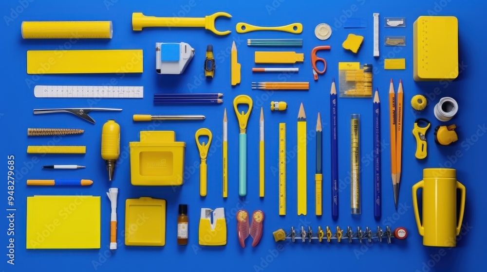 Yellow School Supplies on Blue Background Yellow School Supplies on Blue Background