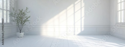 Empty white room featuring Scandinavian interior design in a 3D rendering