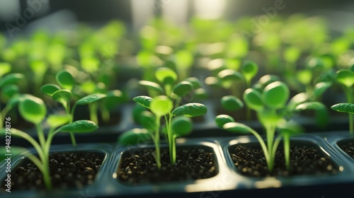 3D rendering of close up young green sprouts emerging from soil showcasing germinating seeds of various grains and breeding crops in small containers within a specialized laboratory environment photo