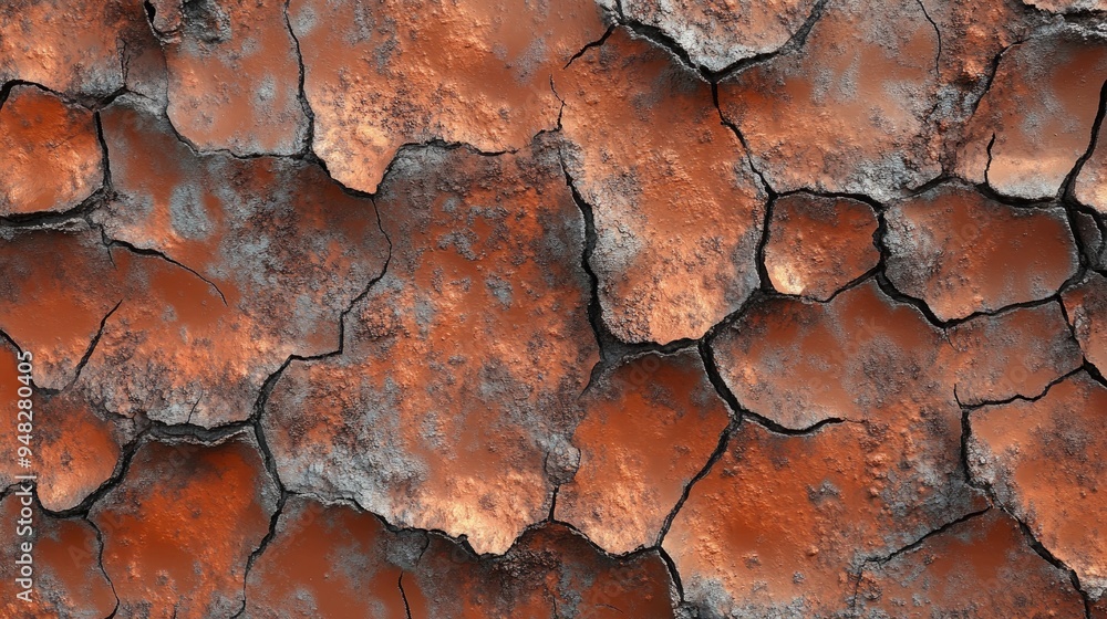 3D rendering of a close up view of cracked brown paint on a weathered terracotta wall 3D rendering of a close up view of cracked brown paint on a weathered terracotta wall
