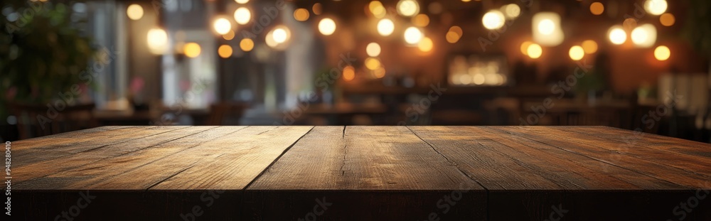 3D rendering of an empty wooden table top with blurred lights bokeh in a restaurant setting 3D rendering of an empty wooden table top with blurred lights bokeh in a restaurant setting