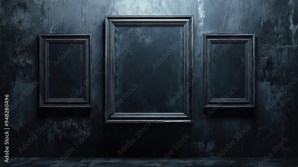 3D rendering of a dark grunge frame displayed on a wall