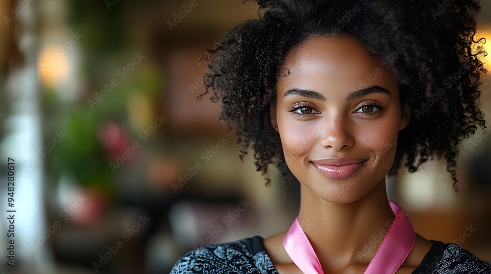 Woman with a warm smile, holding a pink ribbon and dressed in a supportive shirt for Breast Cancer Awareness Month, in a gentle and uplifting setting. Woman with a warm smile, holding a pink ribbon and dressed in a supportive shirt for Breast Cancer Awareness Month, in a gentle and uplifting setting.