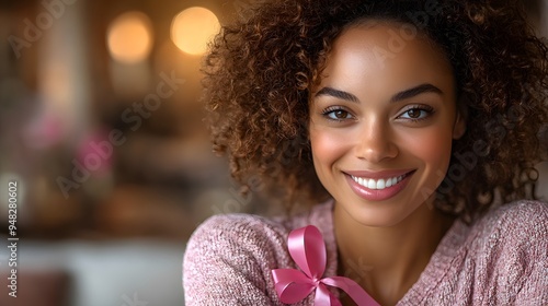 Woman with a warm smile, holding a pink ribbon and dressed in a supportive shirt for Breast Cancer Awareness Month, in a gentle and uplifting setting. photo