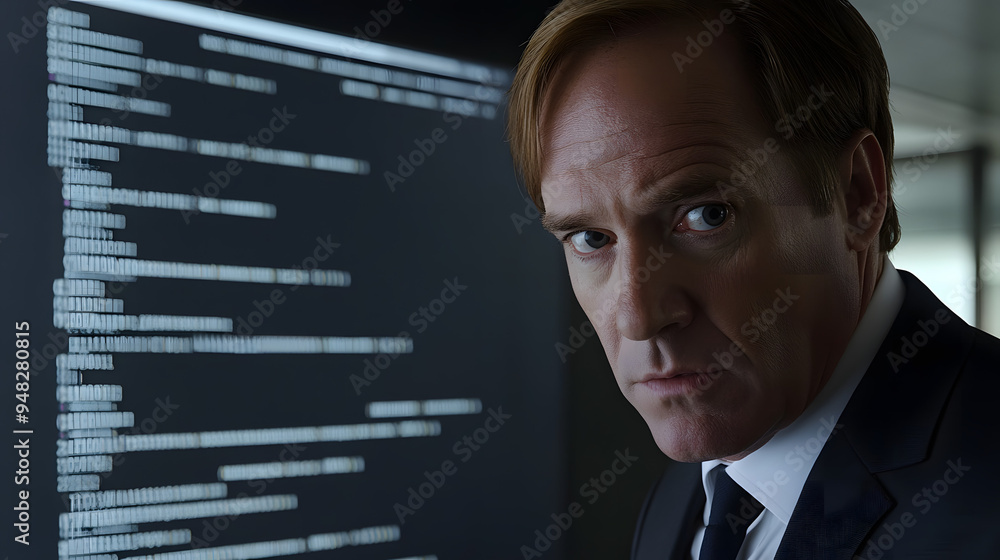 Government official in suit facing computer with cybersecurity alerts, symbolizing the seriousness of cyber threats and government hacking concerns Government official in suit facing computer with cybersecurity alerts, symbolizing the seriousness of cyber threats and government hacking concerns