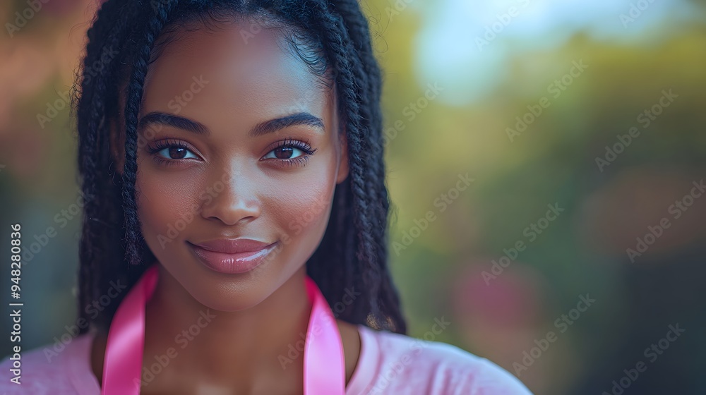 Inspirational woman holding a pink ribbon and wearing a shirt for Breast Cancer Awareness, with a backdrop that emphasizes strength and hope. Inspirational woman holding a pink ribbon and wearing a shirt for Breast Cancer Awareness, with a backdrop that emphasizes strength and hope.