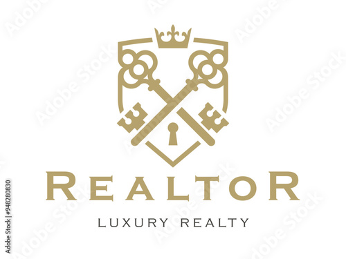 Elegant realtor logo with crossed vintage keys, symbolizing luxury and exclusivity in realty. Perfect for high-end real estate branding and realty businesses seeking a classic, sophisticated image.