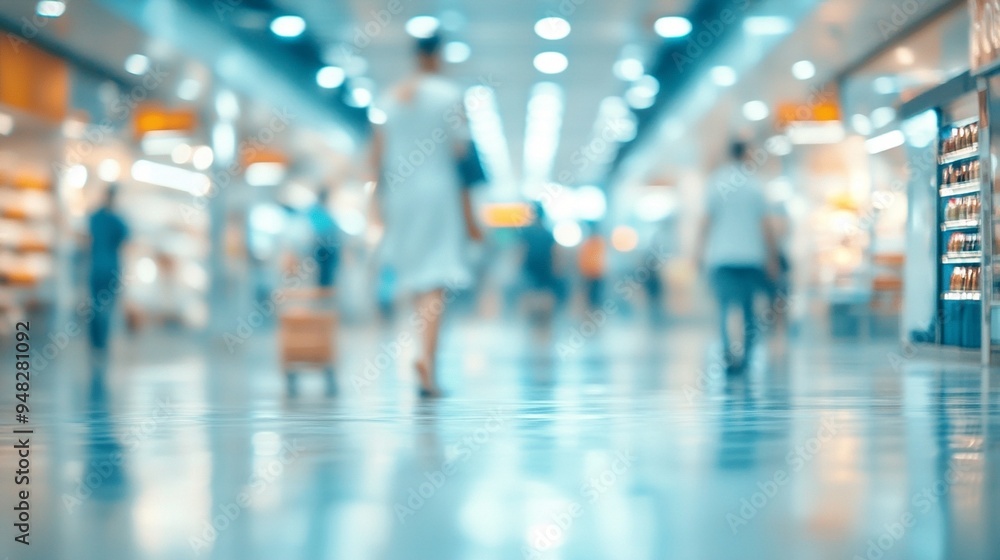 Blurred silhouettes of shoppers in a modern, brightly lit mall corridor with reflective floors and illuminated storefronts create a dreamy, ethereal atmosphere. Blurred silhouettes of shoppers in a modern, brightly lit mall corridor with reflective floors and illuminated storefronts create a dreamy, ethereal atmosphere.