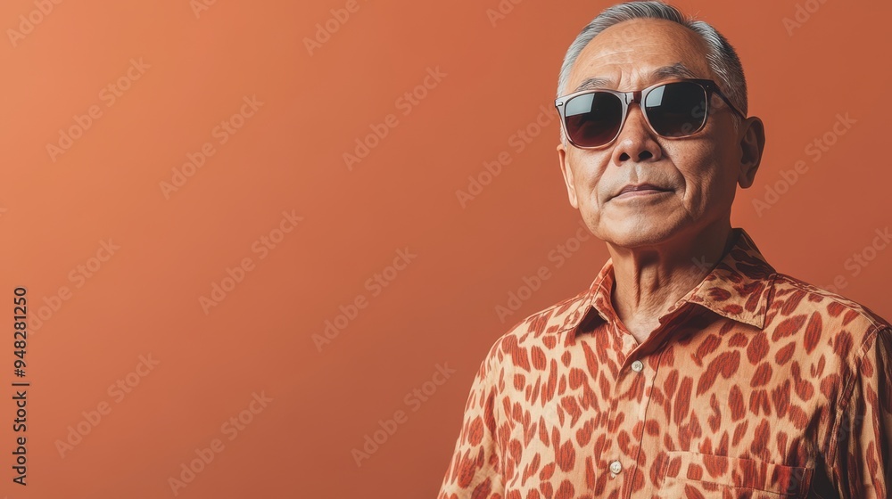 An elderly man in a stylish summer outfit and sunglasses stands confidently, looking at the camera with a relaxed demeanor An elderly man in a stylish summer outfit and sunglasses stands confidently, looking at the camera with a relaxed demeanor