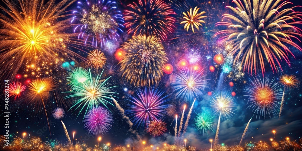 Vibrant fireworks illuminate the dark night sky, casting a kaleidoscope of colors, as confetti and glittering decorations celebrate the dawn of a brand new year. Vibrant fireworks illuminate the dark night sky, casting a kaleidoscope of colors, as confetti and glittering decorations celebrate the dawn of a brand new year.