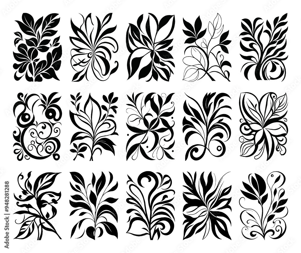 Black and white botanical pattern. For use in graphics, materials. Abstract plant shapes. Minimalist illustration for printing on wall decorations. Black and white botanical pattern. For use in graphics, materials. Abstract plant shapes. Minimalist illustration for printing on wall decorations.