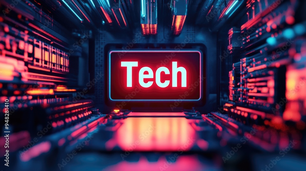 3D rendering of a neon sign featuring the word Tech at the center set against an abstract scene with futuristic lighting 3D rendering of a neon sign featuring the word Tech at the center set against an abstract scene with futuristic lighting