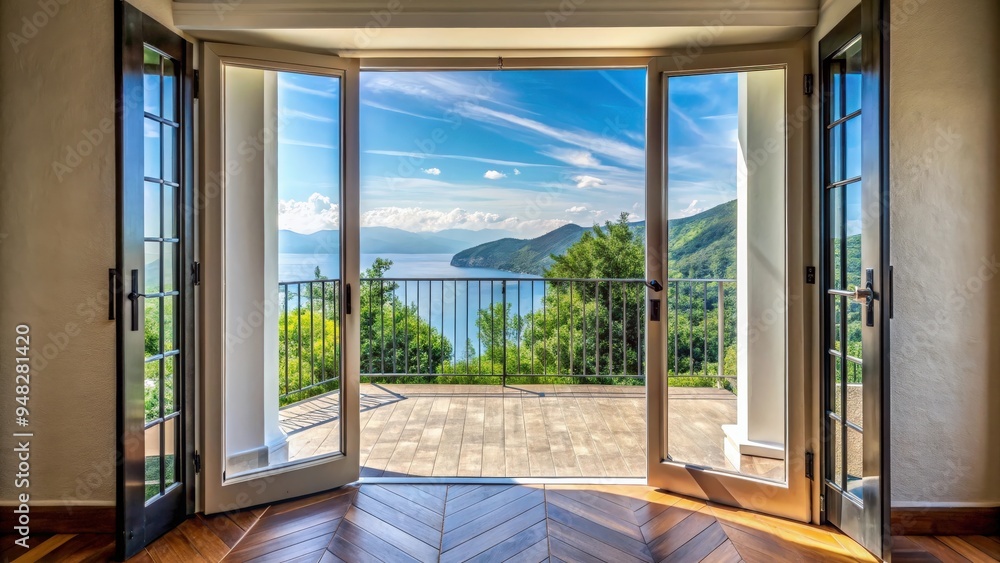 Fototapeta premium Double door opening to a beautiful terrace view