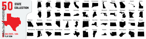 USA 50 flat icon, also includes New York, Texas, Hawaii, Rhode Island, South Carolina, South Dakota, Tennessee, Texas, Vector outline of 50 states with their names 