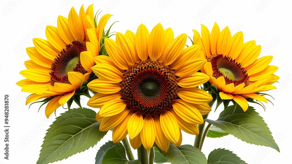 Obraz premium Bright Sunflower with Yellow Petals and Brown Center Realistic Image on White
