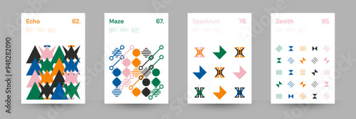 Comprehensive Set of Geometric Patterns: Ideal for Designers, Featuring a Wide Range of Symmetrical Shapes and Repeating Motifs for Versatile Use in Digital and Print Projects. Vector Illustration.	
