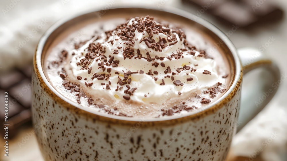 Close up of a mug of hot chocolate with whipped cream and chocolate shavings Close up of a mug of hot chocolate with whipped cream and chocolate shavings