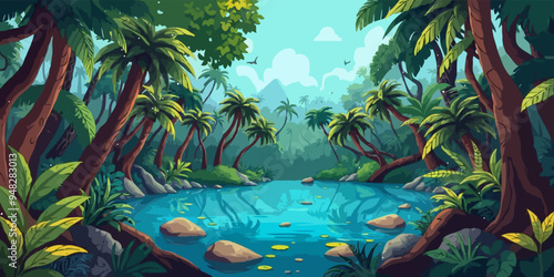 Fotografie Jungle forest with trees and pond cartoon background, illustration of tropical landscape
