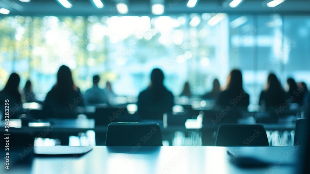 Blurred silhouettes of people seated in a modern, well-lit cafeteria or conference room, creating an atmosphere of busy corporate life and teamwork. Blurred silhouettes of people seated in a modern, well-lit cafeteria or conference room, creating an atmosphere of busy corporate life and teamwork.