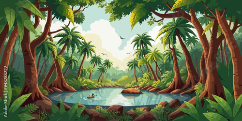 Jungle forest with trees and pond cartoon background, illustration of tropical landscape. Seamless nature jungle cartoon wildlife and green palette landscape background vector illustration