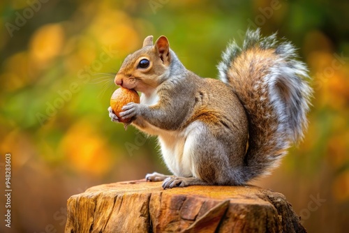 A fluffy grey squirrel sits upright on a wooden log, intently nibbling on a brown acorn, its tiny paws holding the nut securely. photo