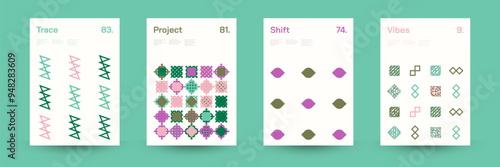 Comprehensive Set of Geometric Patterns: Ideal for Designers, Featuring a Wide Range of Symmetrical Shapes and Repeating Motifs for Versatile Use in Digital and Print Projects. Vector Illustration.	
