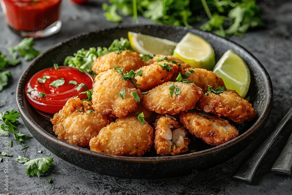 fried fish fillet nuggets with lettuce, lemon, and radish in a black bowl isolated on white background fried fish fillet nuggets with lettuce, lemon, and radish in a black bowl isolated on white background