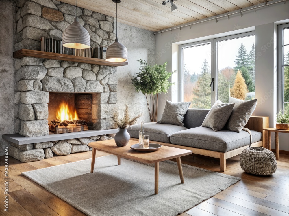 Fototapeta premium Cozy rustic Scandinavian living room features a grey daybed sofa positioned against a stone fireplace, surrounded by natural textures and modern minimalist decor.