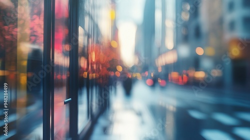 Blurred cityscape through rain-streaked window: vibrant lights and reflections create dreamy urban atmosphere on wet street, evoking nostalgia and romance.