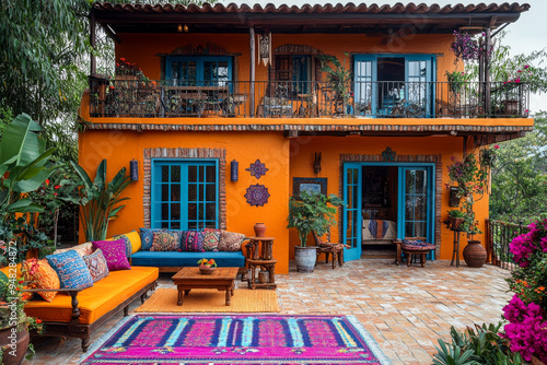 Mexican Style House.  Generated image.  A digital illustration of an exterior of an orange Mexican-style house, glass and blue wood windows, balconies with iron railings, bougainvillea.