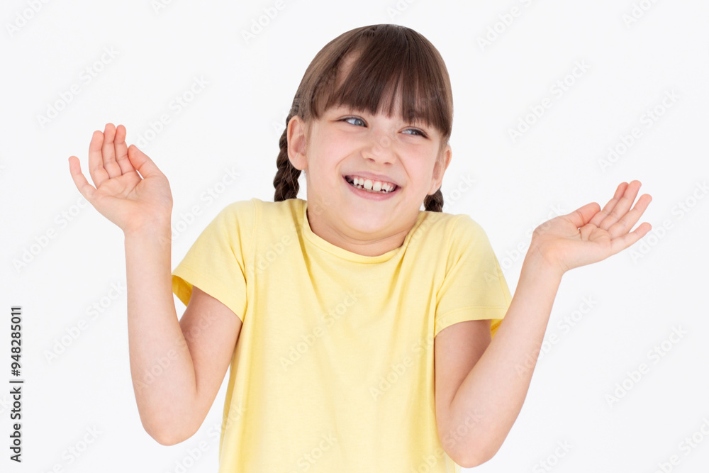 Careless and unbothered laughing happy girl with dark hair, shrugging and spread hands sideways uninvolved, uninterested about topic, dont know and dont care, white background Careless and unbothered laughing happy girl with dark hair, shrugging and spread hands sideways uninvolved, uninterested about topic, dont know and dont care, white background