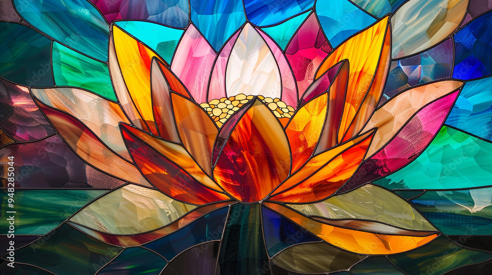 A stained glass design of a lotus flower, with bright, translucent colors and geometric lines. A stained glass design of a lotus flower, with bright, translucent colors and geometric lines.