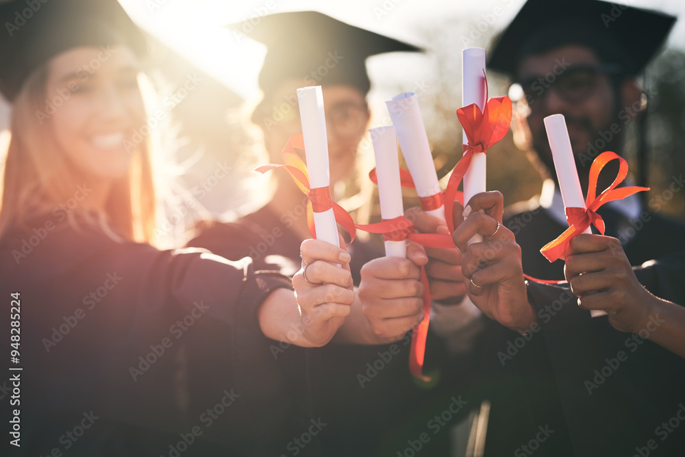Graduation Support Hands, students and graduation diploma in outdoor, education ...