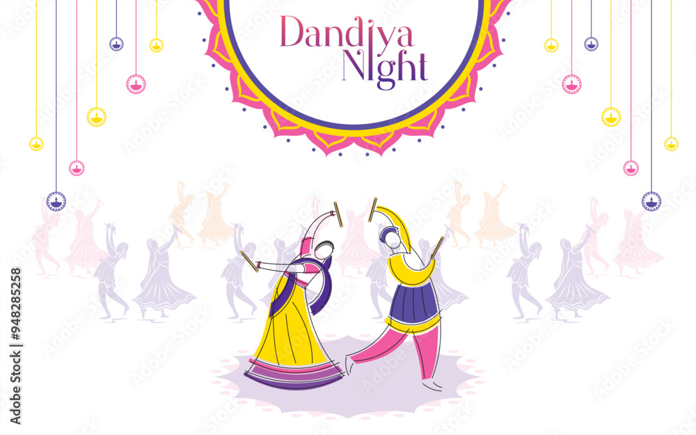Dandiya and Garba Night poster for Navratri Dussehra festival of India. Dandiya and Garba Night poster for Navratri Dussehra festival of India.