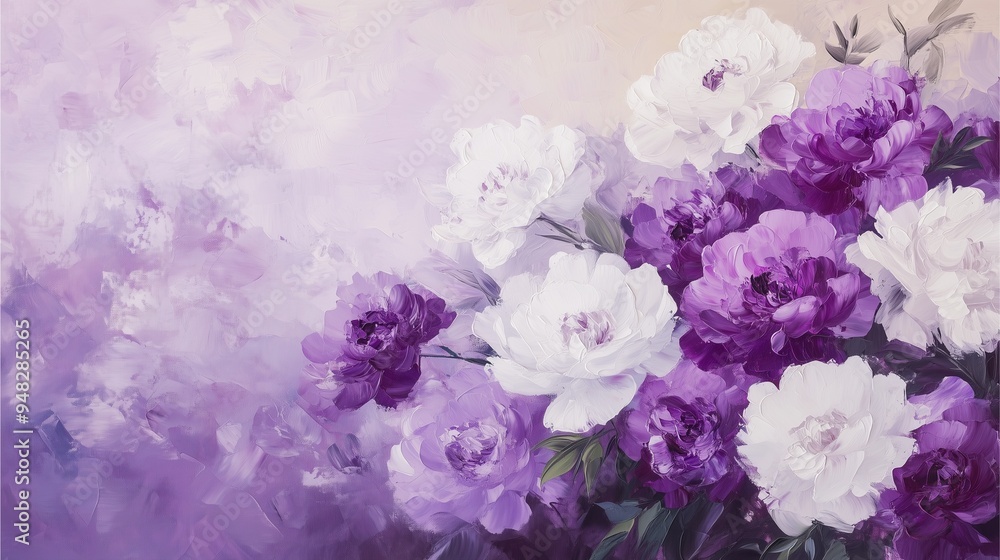 Oil painting of white and purple peonies with soft brushstrokes and abstract background. Oil painting of white and purple peonies with soft brushstrokes and abstract background.