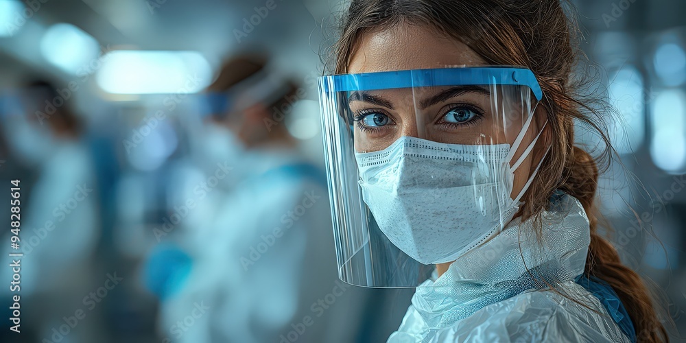 A nurse wearing protective gear, including a face shield and mask, is seen in a hospital room. A nurse wearing protective gear, including a face shield and mask, is seen in a hospital room.