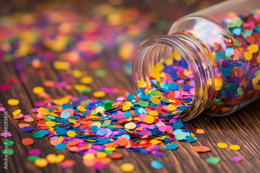 Colorful confetti spills from a glass jar onto a wooden surface, creating a festive atmosphere for celebrations and parties Colorful confetti spills from a glass jar onto a wooden surface, creating a festive atmosphere for celebrations and parties