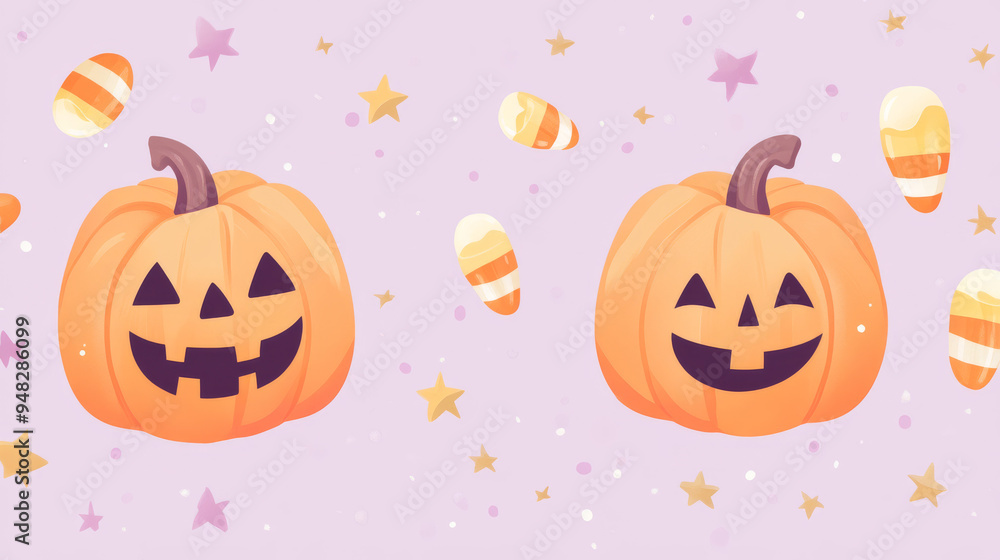 Cute Halloween card featuring playful pumpkins and candy corn, on a light pastel lavender backdrop with stars. Cute Halloween card featuring playful pumpkins and candy corn, on a light pastel lavender backdrop with stars.