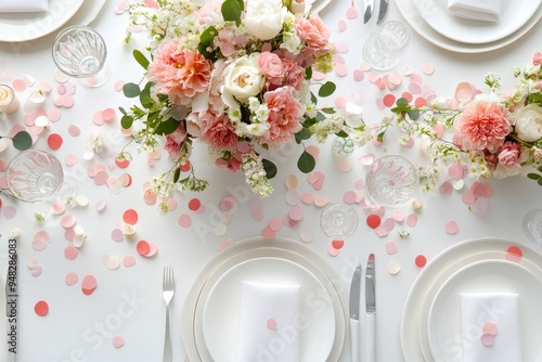 Elegant floral centerpiece with pink flowers and table setting for a spring wedding celebration